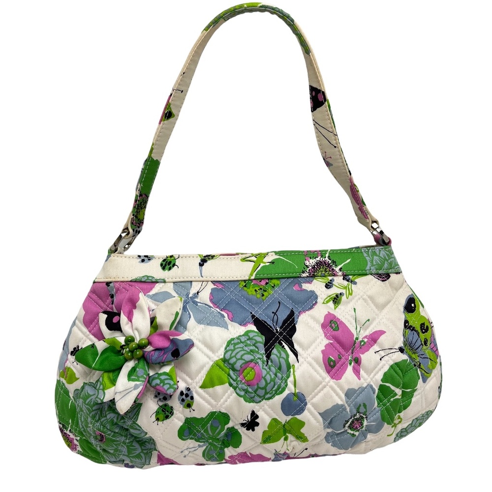 Vera Bradley White Floral Quilted Shoulder Bag with Green and Pink Accents